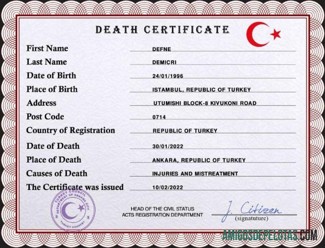 Imprimível modelo PSD de certidão de óbito da Turquia